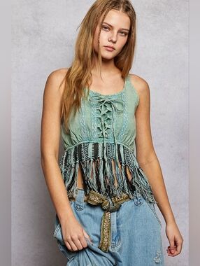 POL Lace-Up Fringe Hem Tank with Lace Detail- Sage